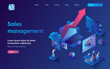 Poster - Sales management concept isometric landing page. Team analyzes financial data, develops successful marketing strategy, 3d web banner template. Vector illustration with people scene in flat design