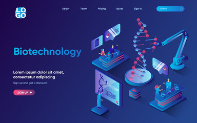 Aufkleber - Biotechnology concept isometric landing page. Scientist team working with DNA molecule, genetic engineering research, 3d web banner template. Vector illustration with people scene in flat design