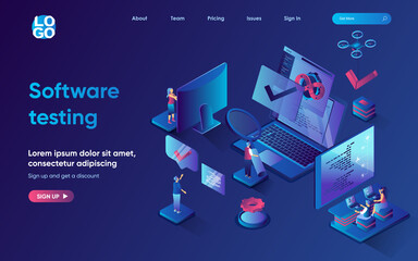 Aufkleber - Software testing concept isometric landing page. Team develops and optimizes programs or apps, looking and fixing bugs, 3d web banner template. Vector illustration with people scene in flat design