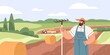 Farmer in agriculture field with dry hay bales. Farm worker and village farmland landscape during harvesting. Flat vector illustration of man peasant with rakes in agricultural plantation