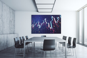 Abstract financial graph on tv display in a modern presentation room, financial and trading concept. 3D Rendering