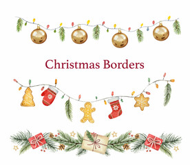 Wall Mural - watercolor vector christmas set colorful garland with balls, lights and fir branches.
