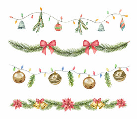 Wall Mural - watercolor vector christmas set colorful garland with balls, lights and fir branches.