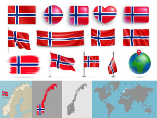 Wall Mural - norway flags of various shapes and geographic map set. norwegian realistic flags, glossy buttons in 
