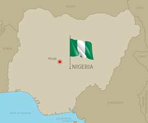 Wall Mural - highly detailed map of nigeria with national flag. editable nigerian gray map with region borders, n