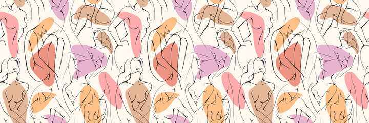 vector seamless pattern with woman in minimal linear style fashion illustration by femininity, beaut