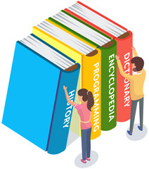 Wall Mural - Persons choose books in online library or bookstore, man and woman stand near stack of large multi-colored books. Traditional education, knowledge with textbooks, people students like to read