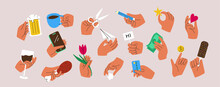 Set Of Colorful Hands Holding Various Stuff. Different Operations And Gestures. Hand Drawn Vector