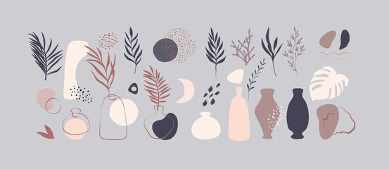 Wall Mural - set of minimal trendy doodle vase with tropical leaf in organic freehand matisse art style. . contem