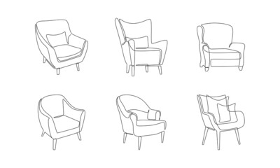 Aufkleber - Modern furniture for home interior decorations of trendy loft style outline contour lines. Collection of armchairs and chairs simple linear silhouette. Doodle vector illustration
