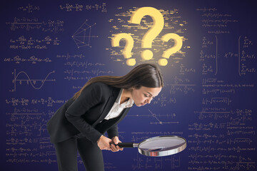 Wall Mural - Attractive young caucasian woman with magnifier looking for answers with glowing question marks on digital background. FAQ and solution concept.