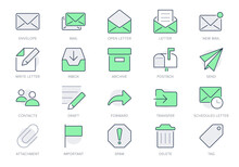 Mail Line Icons. Vector Illustration Include Icon - Postbox, Label, Letter, Email, Envelope, Spam, Document Attachment Outline Pictogram For Postal Service. Green Color, Editable Stroke