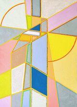 An Abstract Painting; Linear Elements Forming A Cruciform Shape With Polygonal Elements Of Pastel Shades.