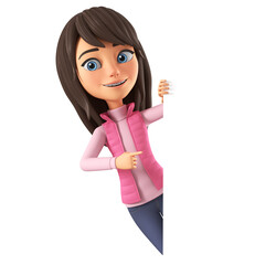 Wall Mural - Cartoon character beautiful girl in a pink jacket points her finger at a blank board. 3d render illustration.