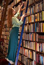 Young Woman Standing On Ladder Choosing Book In Library