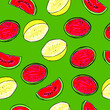 Vector drawn tropic fruits pattern, ripe exotic fruits background, cartoon vector fruits, vector watermelon, half of the watermelon, half of the melon, green background, viridian