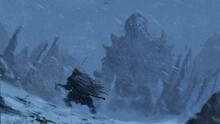 A Viking Warrior Stands Against The Ice Giant And Prepares For Battle. A Blizzard Is Raging Around. 2D Illustration