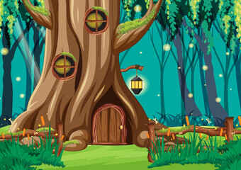 Poster - Fantasy forest background with hollow tree