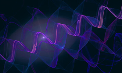 Wall Mural - Beautiful purple violet digital 3d zigzag, spring mesh or smooth dynamic substance in shape of wave in deep dark space. Glowing galactic radiance or concept of sound of rhythm. Great as cover, poster.