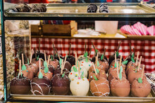 Chocolate Candy Apples On Christmas Market Display