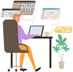 Young man programmer coding and correct errors in php project. Guy sitting near web page template working on web development on computer. Script coding and programming in php python javascript