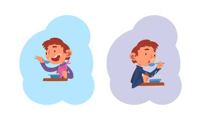 Sticker - Schoolchild Daily Routine with Boy Having Breakfast Vector Set