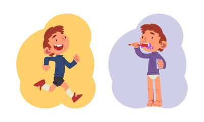 Sticker - Schoolchild Daily Routine with Boy Brushing His Teeth and Running Vector Set