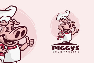 Wall Mural - Funny Cute Cartoon Chef Pig Mascot Character vector logo design inspiration idea