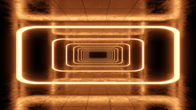 Three dimensional render of dark corridor illuminated with orange neon lighting