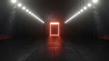 Three Dimensional Render Of Red Doorway Glowing At End Of Dark Corridor