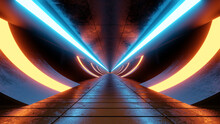 Three Dimensional Render Of Futuristic Corridor Illuminated By Blue And Yellow Neon Lighting