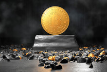 Three Dimensional Render Of Bitcoin Standing Inside Gold Mine