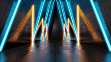 Three Dimensional Render Of Dark Empty Corridor Illuminated By Blue And Yellow Neon Lights