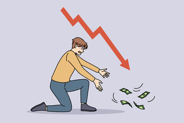 Financial crisis and regression concept. Stressed young businessman sitting on knee trying to get reach flying away money with arrow down vector illustration 