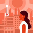 Sweaty woman in hot climate city with strong sunlight and thermometer in flat design. Hot summer day concept.