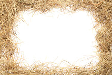 Frame Made Of Dried Hay On White Background, Top View. Space For Text