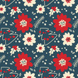 Christmas seamless pattern with flowers and doodle trees.  Hand Draawwn retro floral vector background  