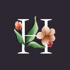 Wall Mural - H letter logo in watercolor style with flowers and leaves. Herbs like peonies, and chamomile, and buds.
