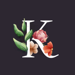 Wall Mural - K letter logo in watercolor style with flowers and leaves. Herbs like peonies, and chamomile, and buds.
