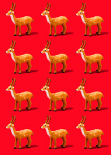 Pattern Of Reindeer Figurines Standing Against Vibrant Red Background