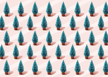 Pattern Of Rows Of Coniferous Trees Standing Against Pink Striped Background