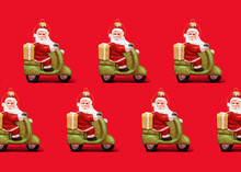 Pattern Of Santa Claus Christmas Ornaments Against Vibrant Red Background