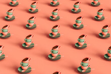 Three Dimensional Pattern Of Rows Of Coffee Cups Stacked On Top Of Plates Flat Laid Against Pastel Pink Background