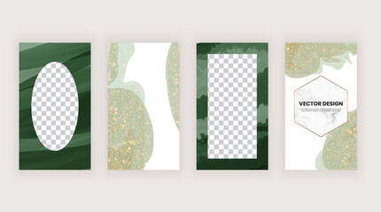 Wall Mural - Watercolor templates for social media with green and gold glitter texture