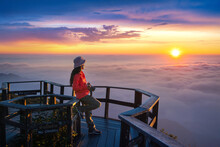 Tourist Enjoying Sunset At Kew Mae Pan Viewpoint In Doi Inthanon, Chiang Mai, Thailand.
