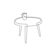 Wall Mural - Continuous line drawing of cup of coffee on table. Linear silhouette furniture for home interior decorations of hygge style. Doodle Vector illustration.