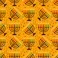 Wall Mural - Cute Kwanzaa seamless pattern with seven kinara candles and dots, stars, in traditional African colors - black, red, green on yellow. Vector Kwanzaa holiday background design.