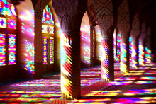 Iran, Fars Province, Shiraz, Sunlight Illuminating Interior Of Nasir-ol-Molk Mosque Through Colorful Stained Glass Windows