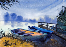 Watercolor Illustration Of Two Colorful Wooden Fishing Boats On A Foggy River Bank Strewn With Fallen Leaves And Distant Trees On The Opposite Bank Of The River 
