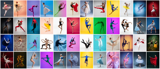 Wall Mural - Photo set made of portraits of female and male ballet dancers dancing isolated on multicolored background in neon light.